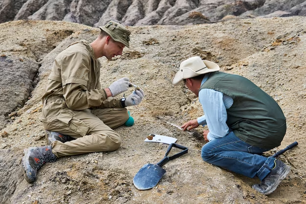 Two men on dry land examining sand and rocks.