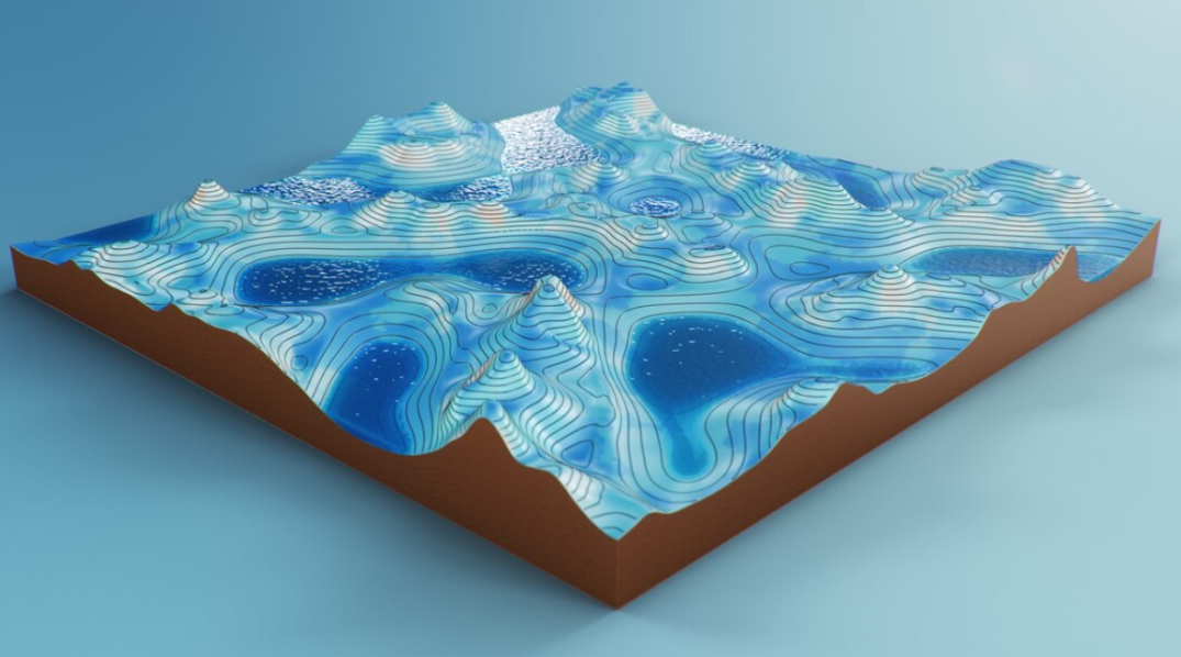 topographic blue 3d map - contour lines on a topographic map